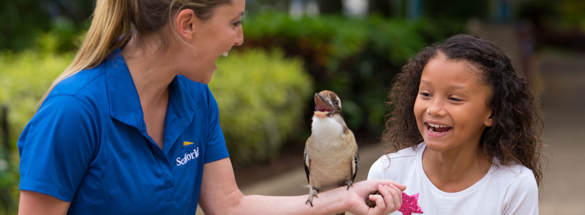 Girl making connection with a bird at SeaWorld.